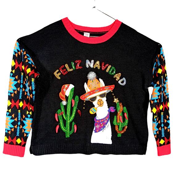 Holiday Time "Feliz Navidad Llama" Graphic Black With Colorful Sleeves Size XL - Picture 1 of 7